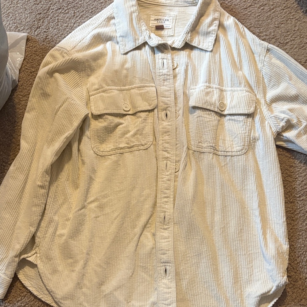 American Eagle Outfitters Women’s Light Cream Corduroy Button-Down Shirt